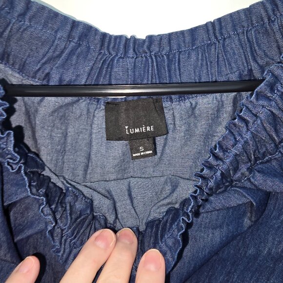 Lumiere Denim Off Shoulder Top Small - Blue Frayed Hem Boho Peasant Blouse - Picture 4 of 5